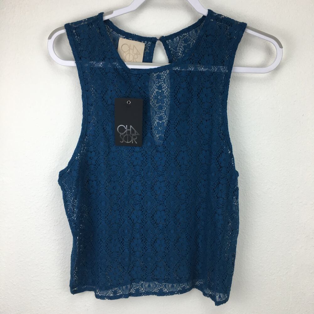 Chaser Blue Lace Cropped Muscle Tank Button Back Medium NEW